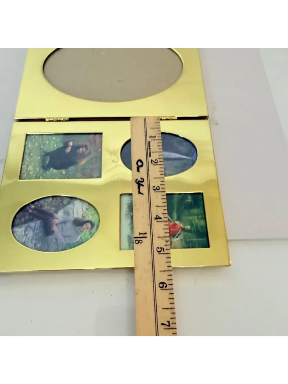 Vintage Tri Fold Picture Frame Gold Tone 80s Oval Folding Multi Photo Display